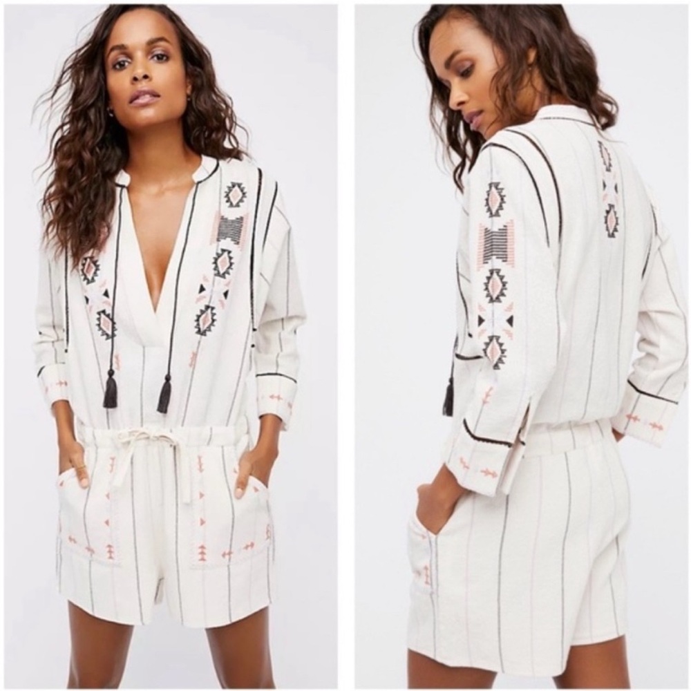 Free People ‘Baja’ Aztec White Embroidered Western Romper Size extra small